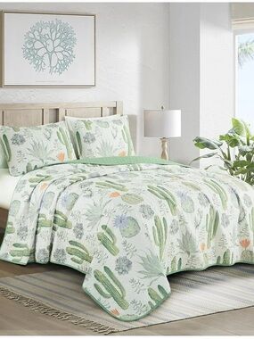 Cactus 3 piece queen Quilted Bedspread Set - Green